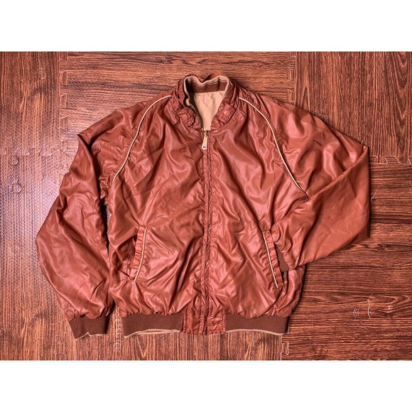 Vintage 70s Inspired MOD Blank Bomber Jacket L Brown Beige Trim Made In Japan - Picture 2 of 9